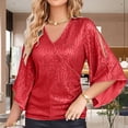 thumbnail image 2 of Women Summer Tops Womens Sequin Tops 3/ 4 Sleeve Glitter Sparkly Party Blouse V Neck Dressy For Evening Party Loose Fitting Womens Shirts Christmas Tunics Women Long Sleeve Shirt Athletic Red M, 2 of 5