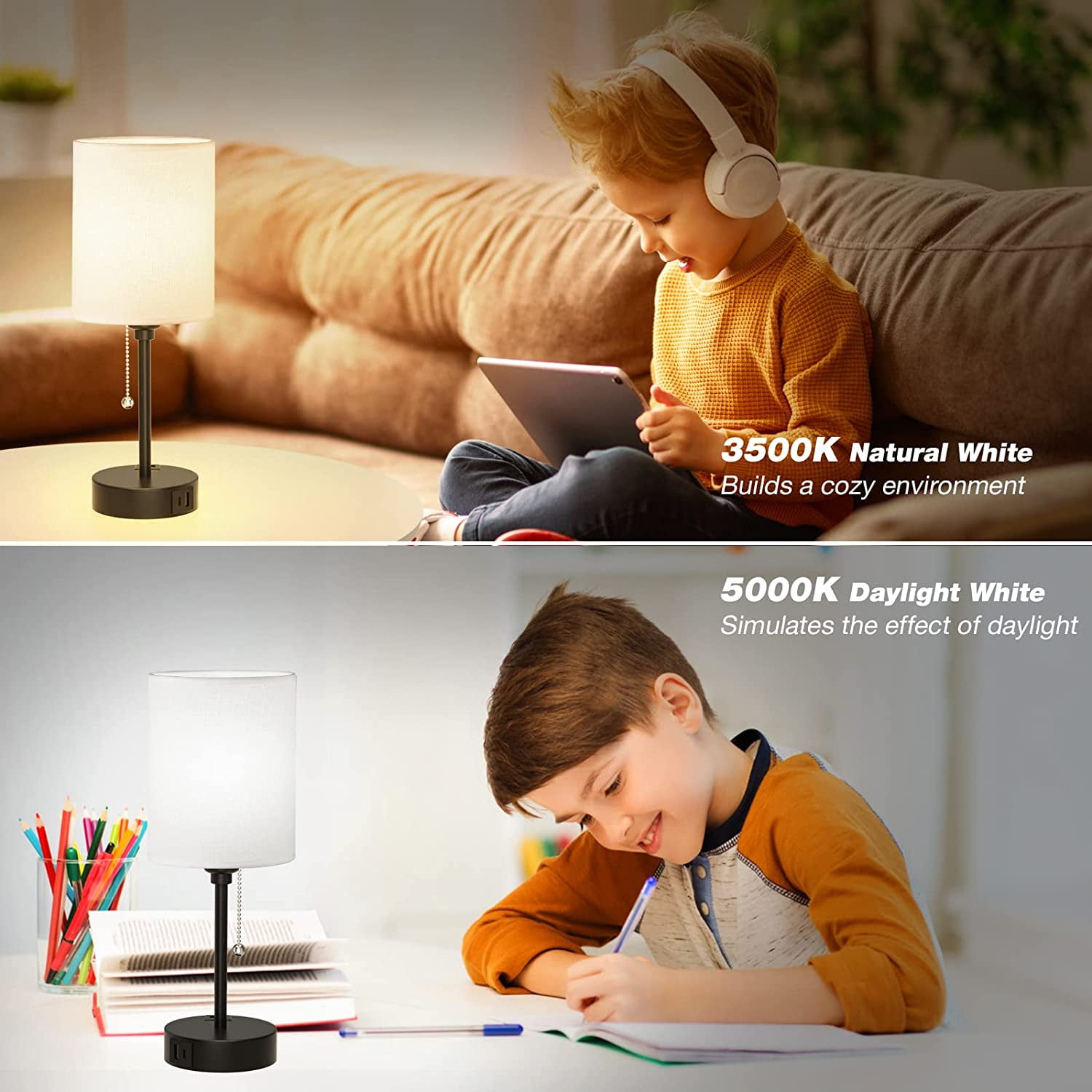 CAALOGT Table Lamp with USB Ports, AC Outlet, 3 Color Temperatures, 14.6 inch Bedroom Lamp