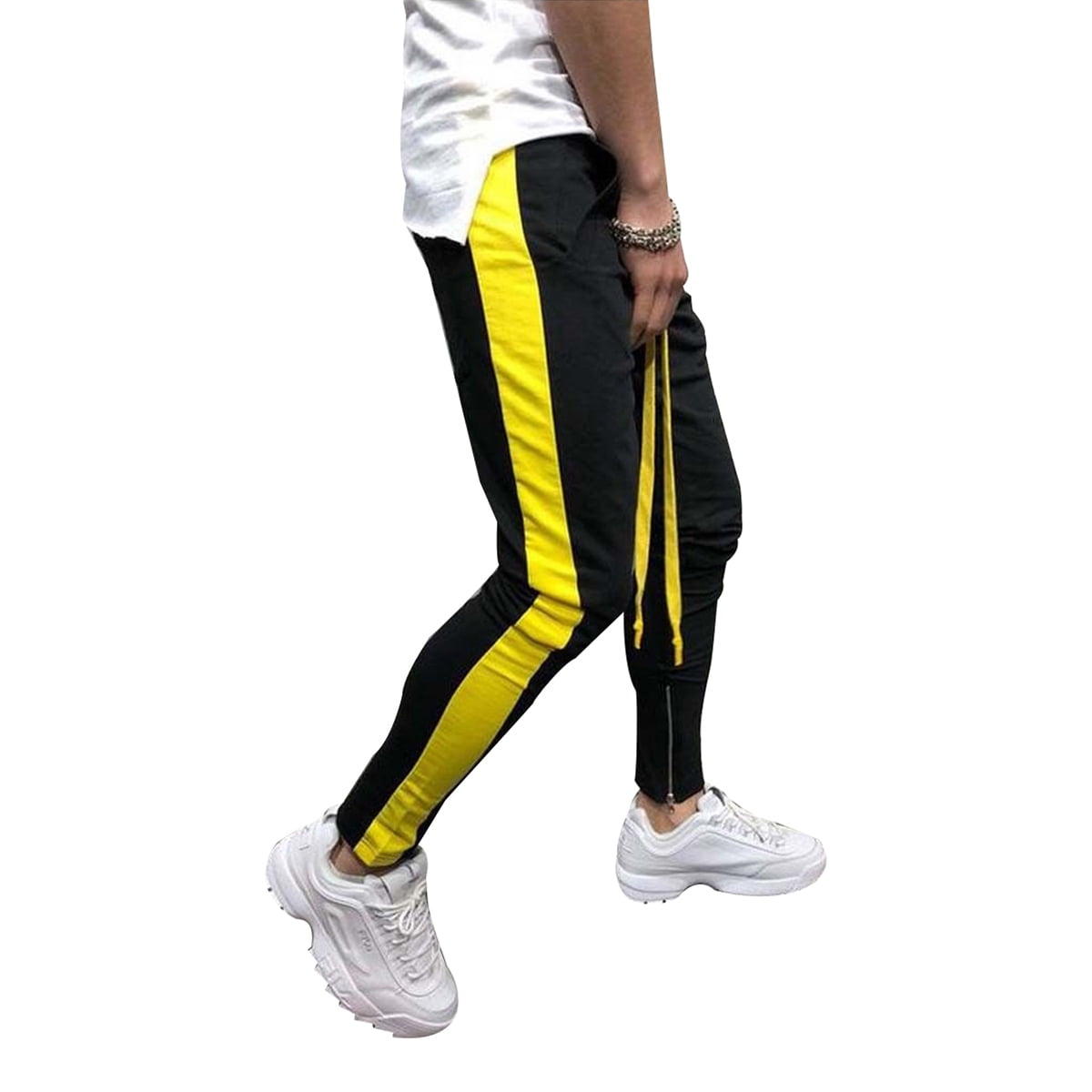 black joggers with yellow stripe