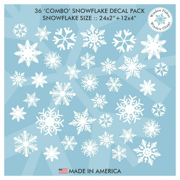 36 x Christmas Snowflake Window Cling Decals. Vinyl Snowflake Home Decor Decorations for Windows & Glass. Snowflake Christmas Holiday Winter Decor. Reusable. No Adhesive. Made in America.
