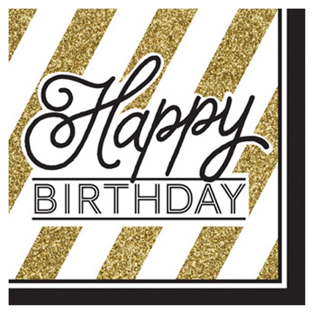 Creative Converting - Servilletas de cumpleaños en negro y dorado texto Happy Birthday (Paquete de 16) (Negro/Oro)