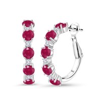 Gem Stone King 925 Sterling Silver Red Ruby and White Moissanite Hoop Earrings for Women (3.80 Cttw, Round 4MM and 1.9MM, Gemstone Birthstone 1 inch Diameter)