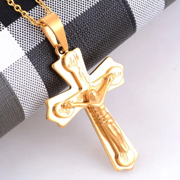 Vintage Mens Width 35mm 14K Yellow Gold Cross Pendant Necklace Chain Jewelry Gift