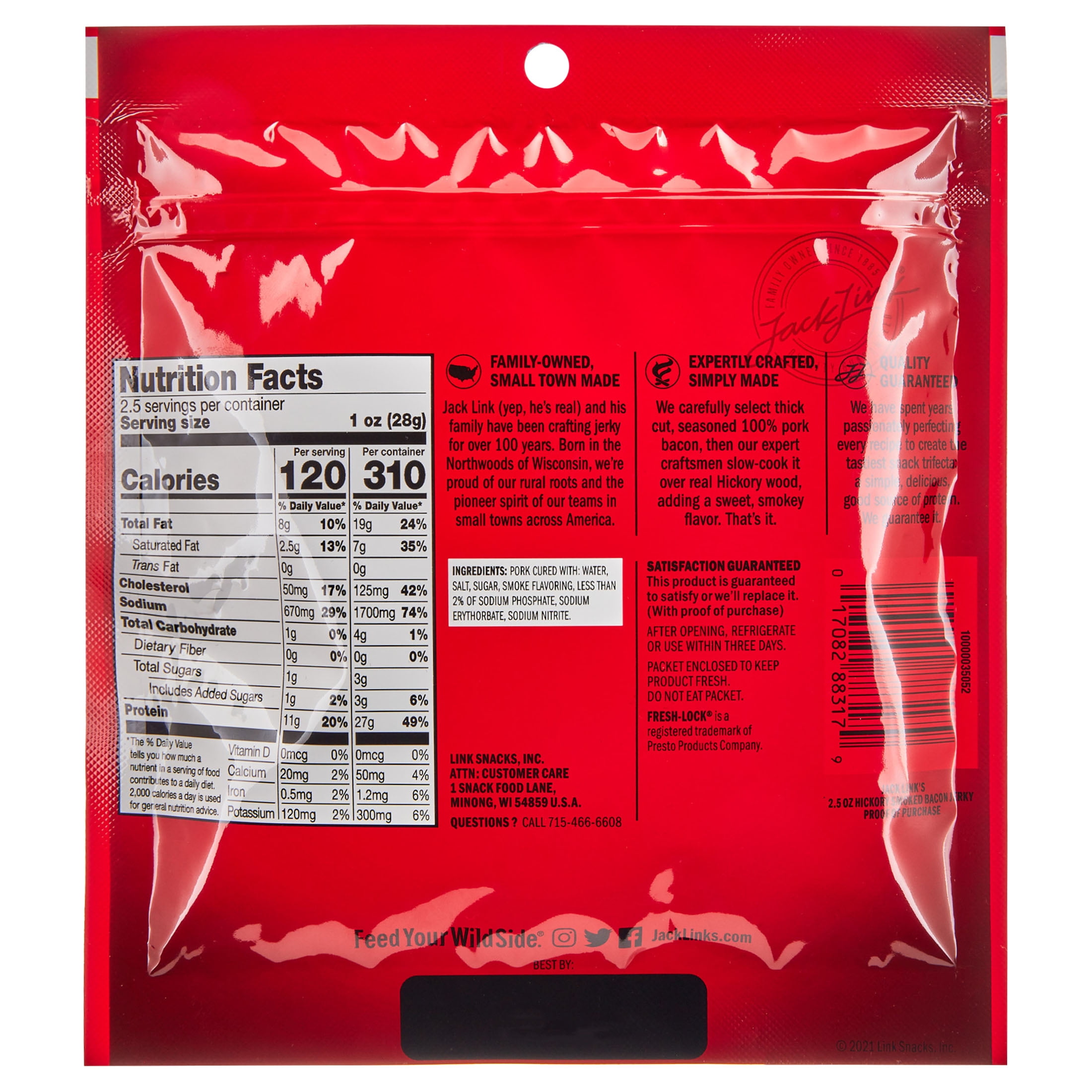 Jack Links Bacon Jerky, Hickory Smoked, 2.5oz
