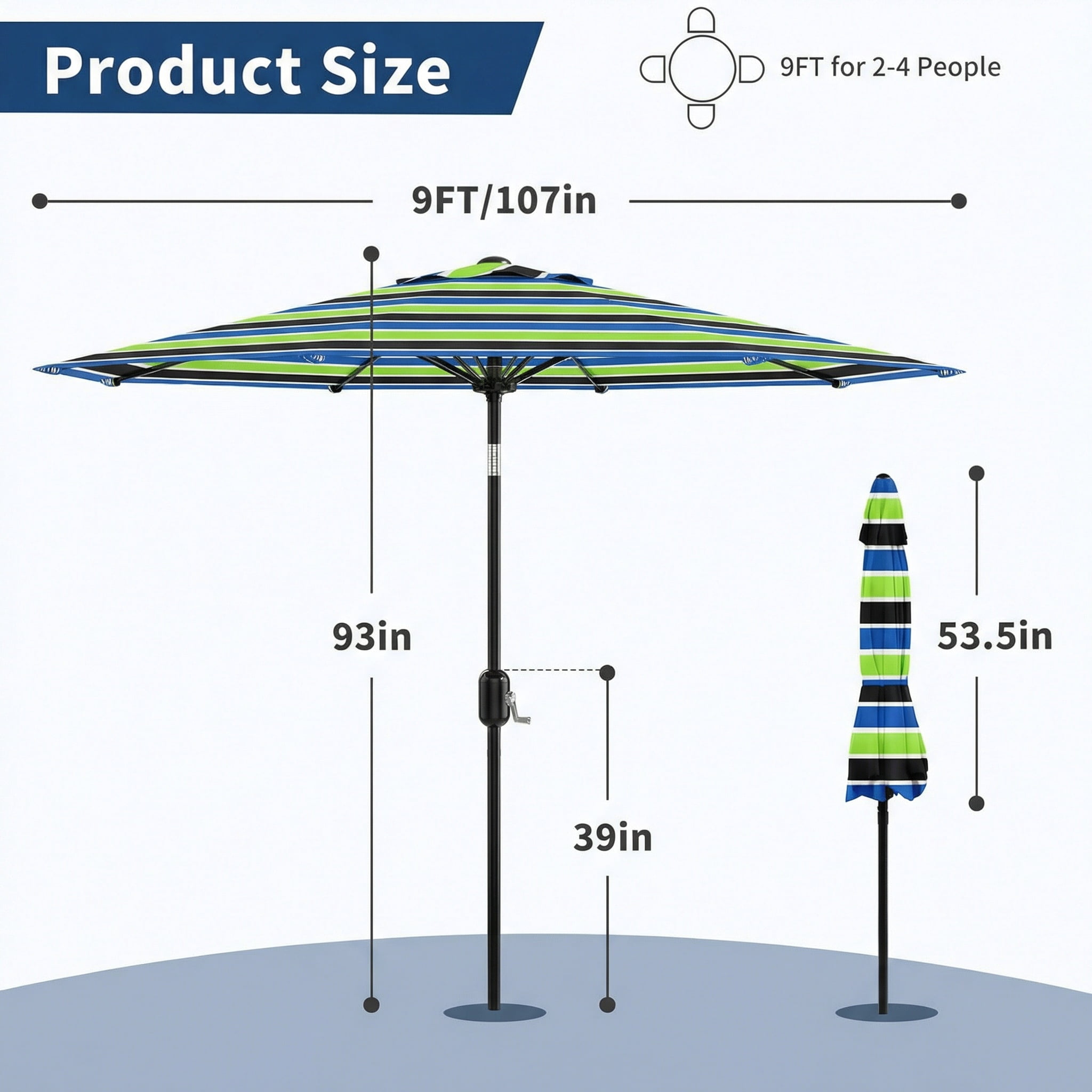 9FT Outdoor Patio Umbrella,Table Market Umbrella with Push Button Tilt and Crank,Tricolor Stripe
