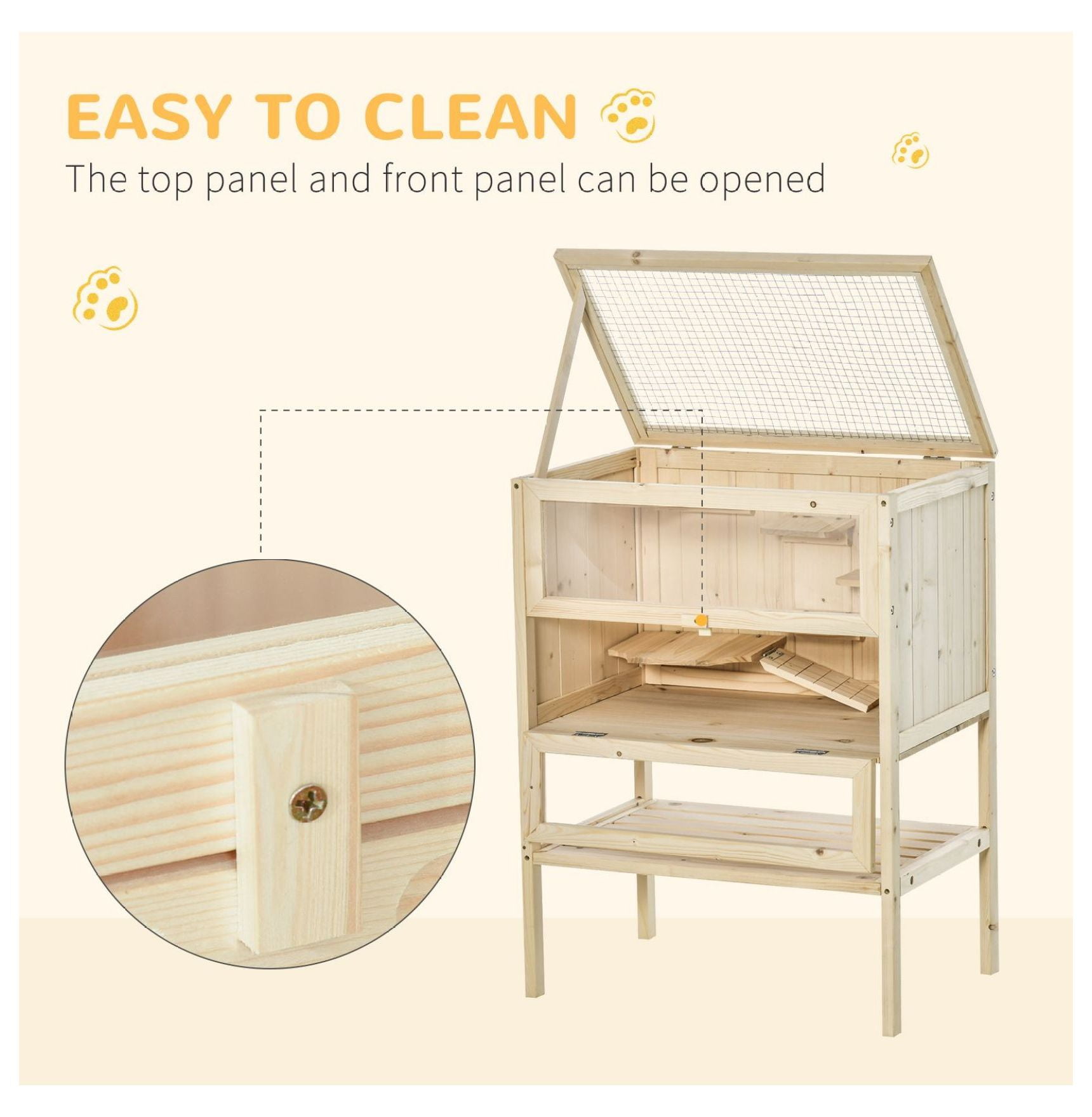 3-Tier Wooden Large Hamster Cage, Mice and Rat Cage Small Animals Hutch with Openable Top, Front Door, , Nature