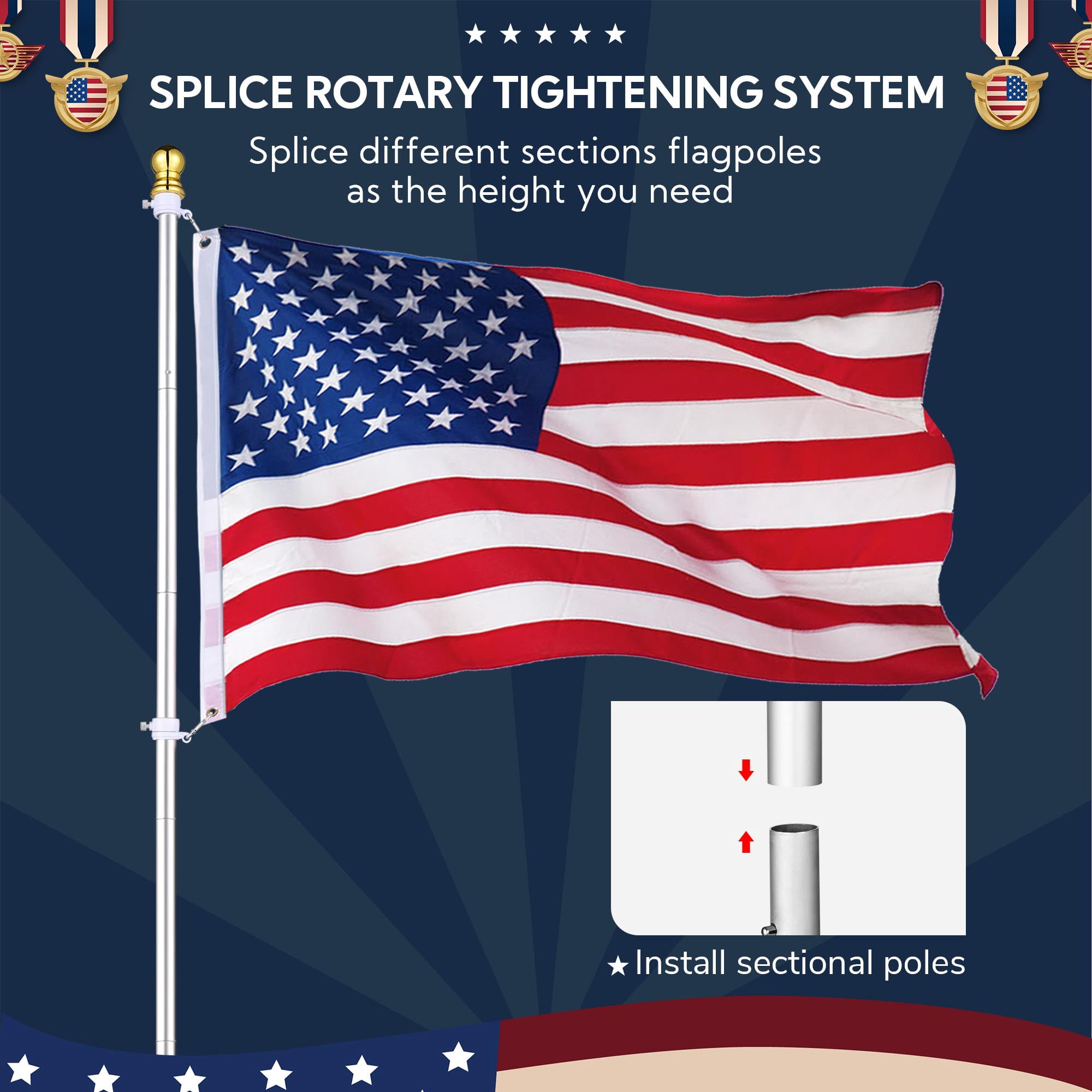 Yescom Bravery 10Ft Sectional Flag Pole Kit Aluminum Outside Inground Yard Garden with 3'x5' USA Flag Ball Top Silver