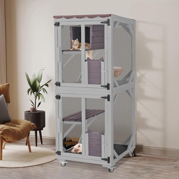 MEDEHOO Catio Outdoor Cat Enclosure Mobile Cat House Indoor On Wheels with Scratch Post, Hammock, Resting Box, Platform, Tarp Roof 62.8", Grey