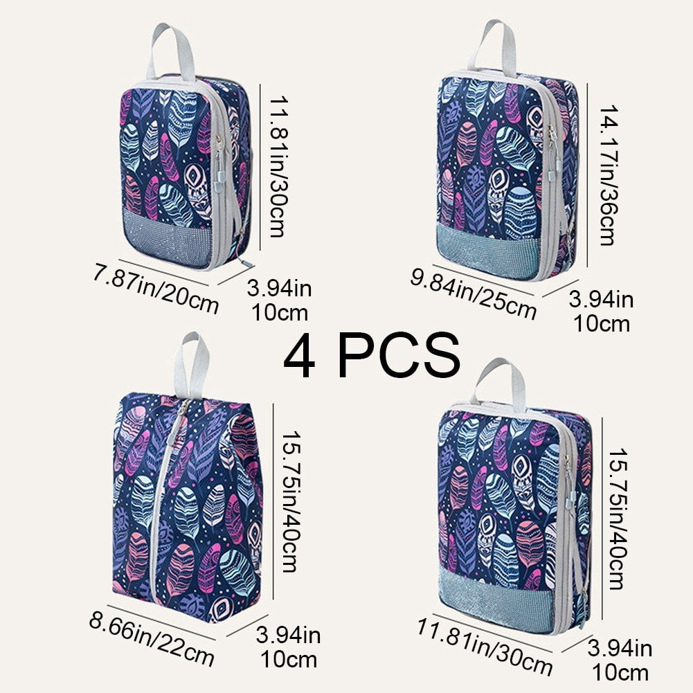 4-Pcs Packing Cube Set - Lightweight Organizers For Home Organizers Vacation And Suitcases With Compression Compression Packing Cubes Travel(Feather print )