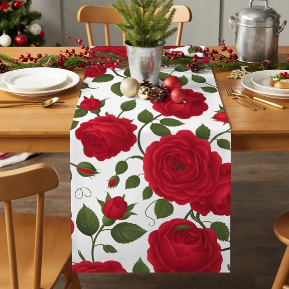 Table Runner 72 Inches Long - Valentine's Day Red Romantic Rose Leaves Decorative Table Scarf, Country Flower on White Dining Table Runners for Wedding Party Kitchen Dining Tables