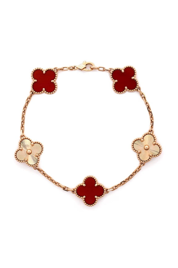 Pre-Owned Vintage Alhambra 5 Motifs Bracelet Guilloche 18K Rose Gold and Carnelian By Rebag