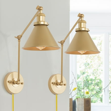 

LNC Modern Swing Arm Wall Sconce Gold Finish Wall Light Plug in or Hardwired (2 Pack)