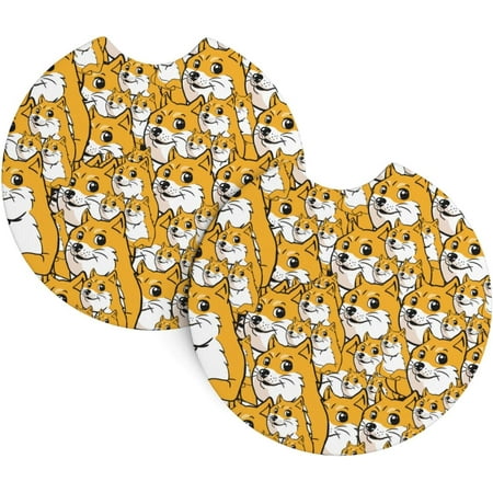 

2 Pack Car Coasters Funny-Cartoon-Shiba-Inu-Faces Neoprene Cup Holder Pad Set Round Auto Cup Holder Insert Drink Coaster