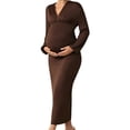thumbnail image 5 of Stamzod Maternity Dress for Photoshoot V Neck Long Sleeve Bodycon Cocktail Dress Pregnancy Wedding Guest Dresses for Women Coffee B M, 5 of 7