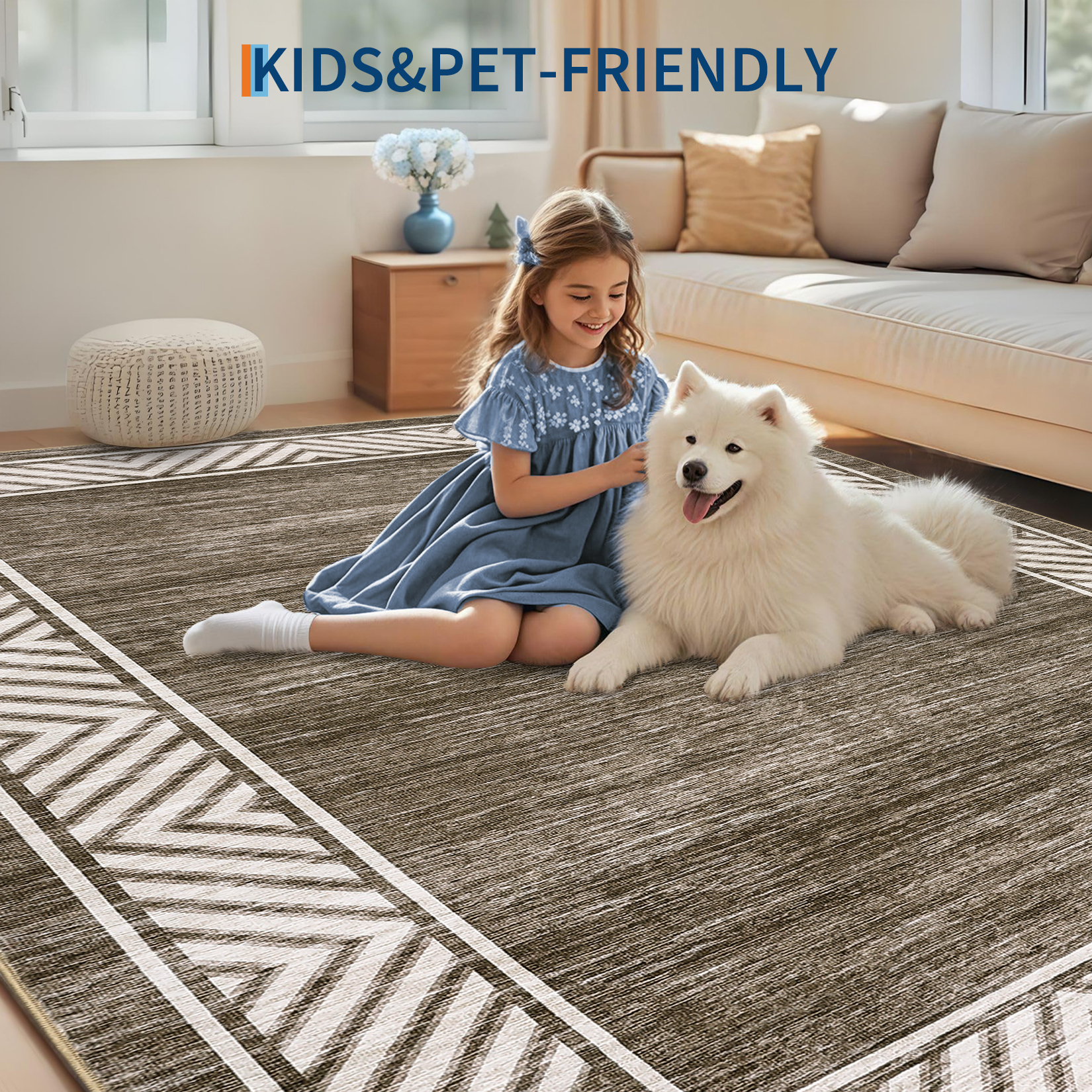 Garvee 10'x13' Geometric Bordered Area Rug Living Room Carpet, Washable Rug Non-Slip Non-Shedding Low Pile Floor Mats for Bedroom Home Office, Brown