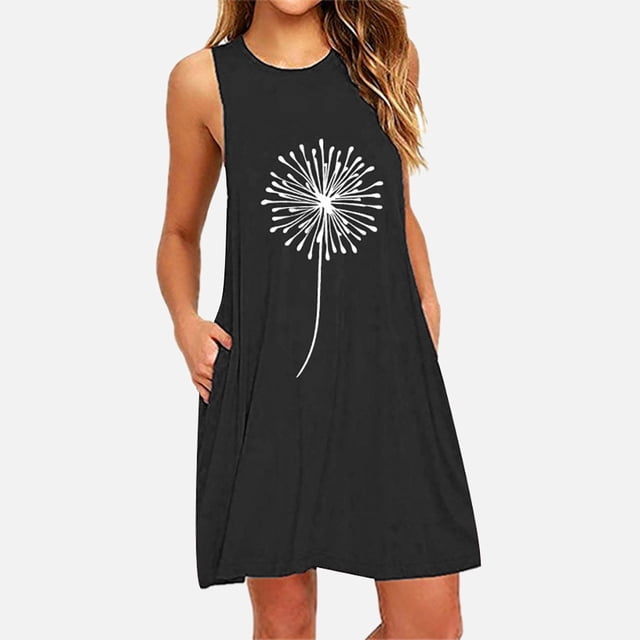 SMihono Robe d'Été pour Femmes Grande Taille Mode Poches Pissenlits Imprimé Sans Manches Robe de Nuit Décontractée