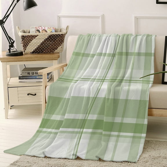 Throw Blanket Fleece Throw Blanket 30x40in, Minimalist Light Green Plaid Soft Lightweight Bed Blankets Neutral Tartan Checkered Fuzzy Couch Blankets for All Season