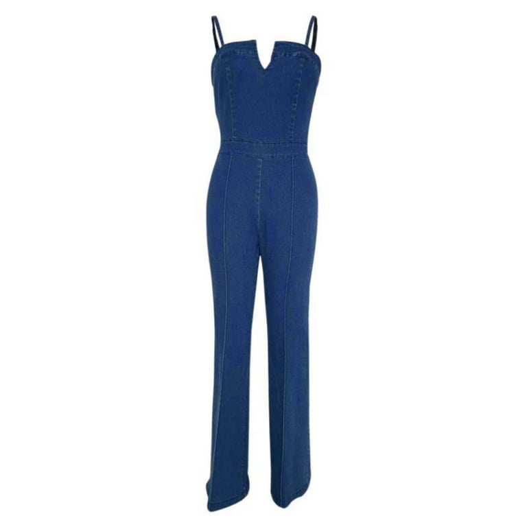 Women s Casual Summer Denim Dressy Pant Suits Jumpsuit Cotton Light Washed gothic clothes for women Blue Neckline Stretchy Slim Pants Suits for Women Dressy Fit Pants clothes fall clothing w Walmart.c...