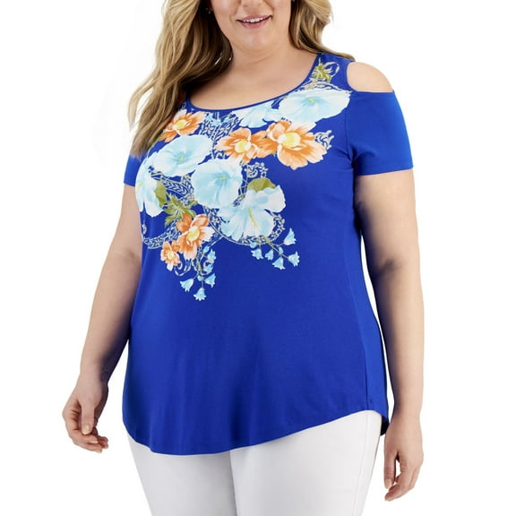 JM Collection Women's Tropic Floral Cold-Shoulder Top Deep Blue Combo Plus Size (Deep Blue Combo, 1X)