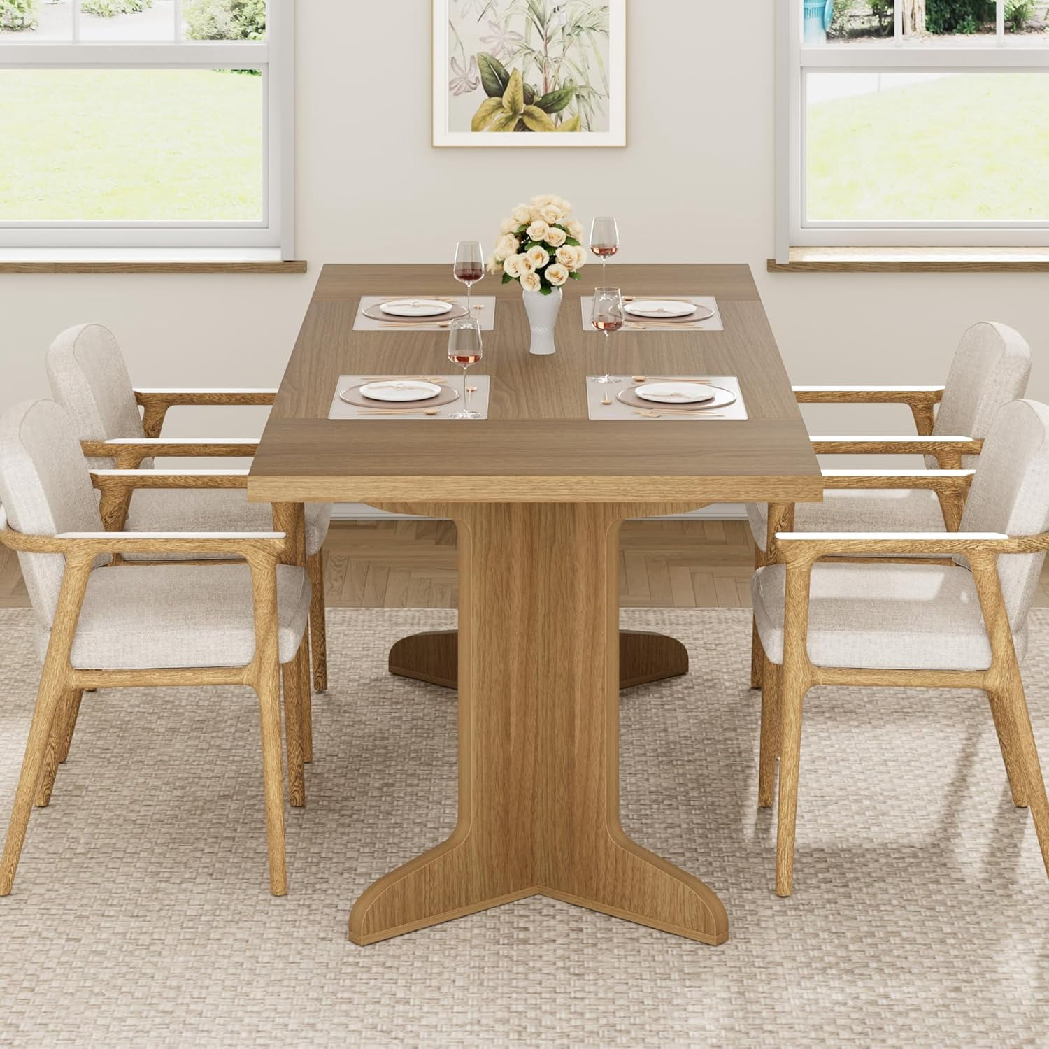 M optimized 71" Dining Table for 6 to 8, Modern Dinner Table with Unique Wooden Legs, Rectangle Dining Table for Kitchen, Dining Room Living Room