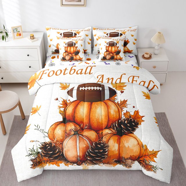 Ensemble de Literie Citrouille de Récolte d'Automne 7 Pcs, Lit Tout-en-un Soccer Soccer Très Grand Format Rustique avec Feuilles d'Érable d'Automne, Ensembles de Couettes Campagnardes de Style Ferme pour l'Action de Grâce avec Ensemble de Draps