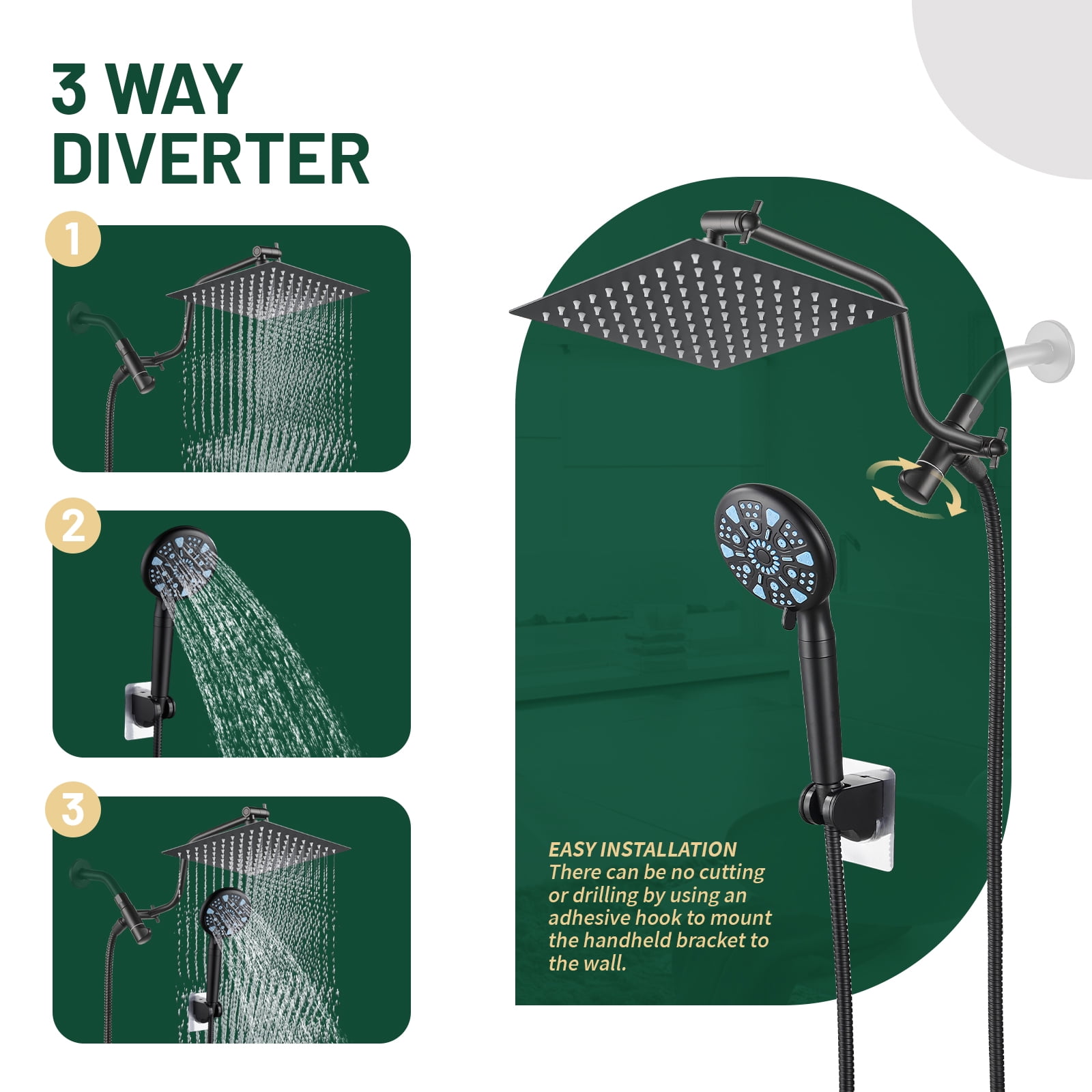 Cobbe 8-Inch Dual Shower Heads with Handheld Spray Combo, 3-Way Rain Shower Head, 9-Spray Patterns Handheld Shower, Matte Black