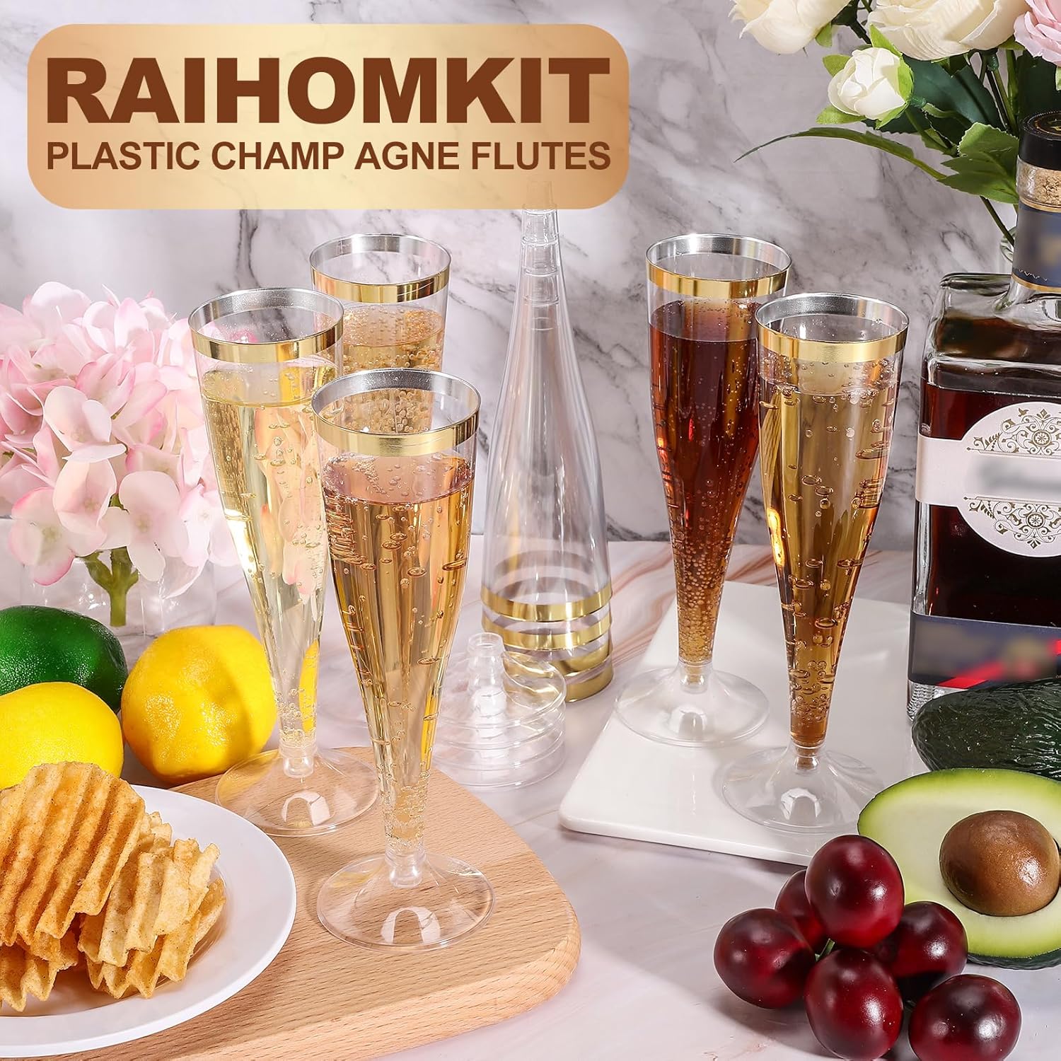50 Pack Plastic Champagne Flutes Disposable, Gold Rim Champagne Glasses, 4.5 Oz Clear Disposable Champagnes Flute, Mimosa Glasses Plastic Toasting Glass for Wedding Party Supplies