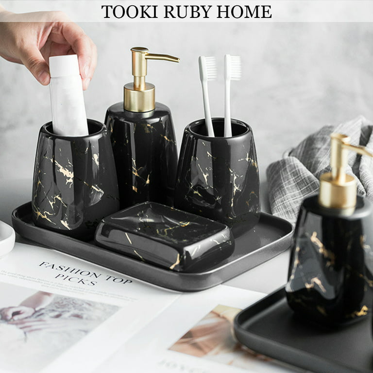 RQYIXI Ceramic Bathroom Accessory Set Complete 4 Pieces Retro Style Soap Dispenser & Toothbrush Holder Sets (Marble Brown)