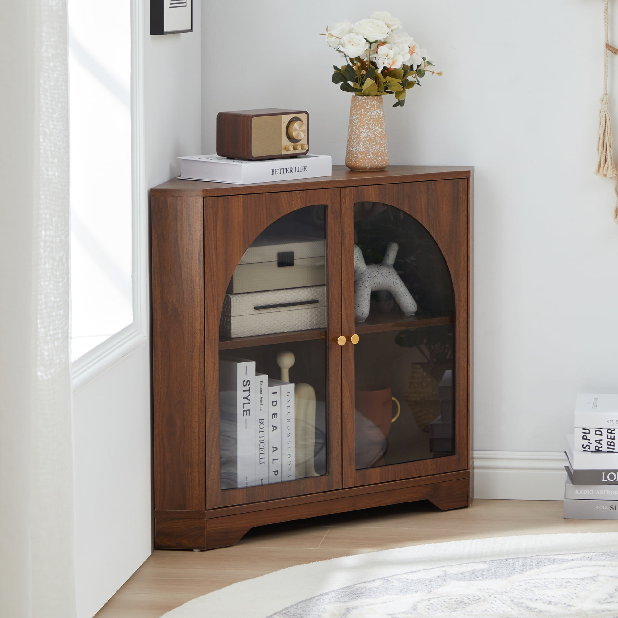 Weselon Mid Century Small Corner Storage Cabinet with 2 Glass Doors, Brown
