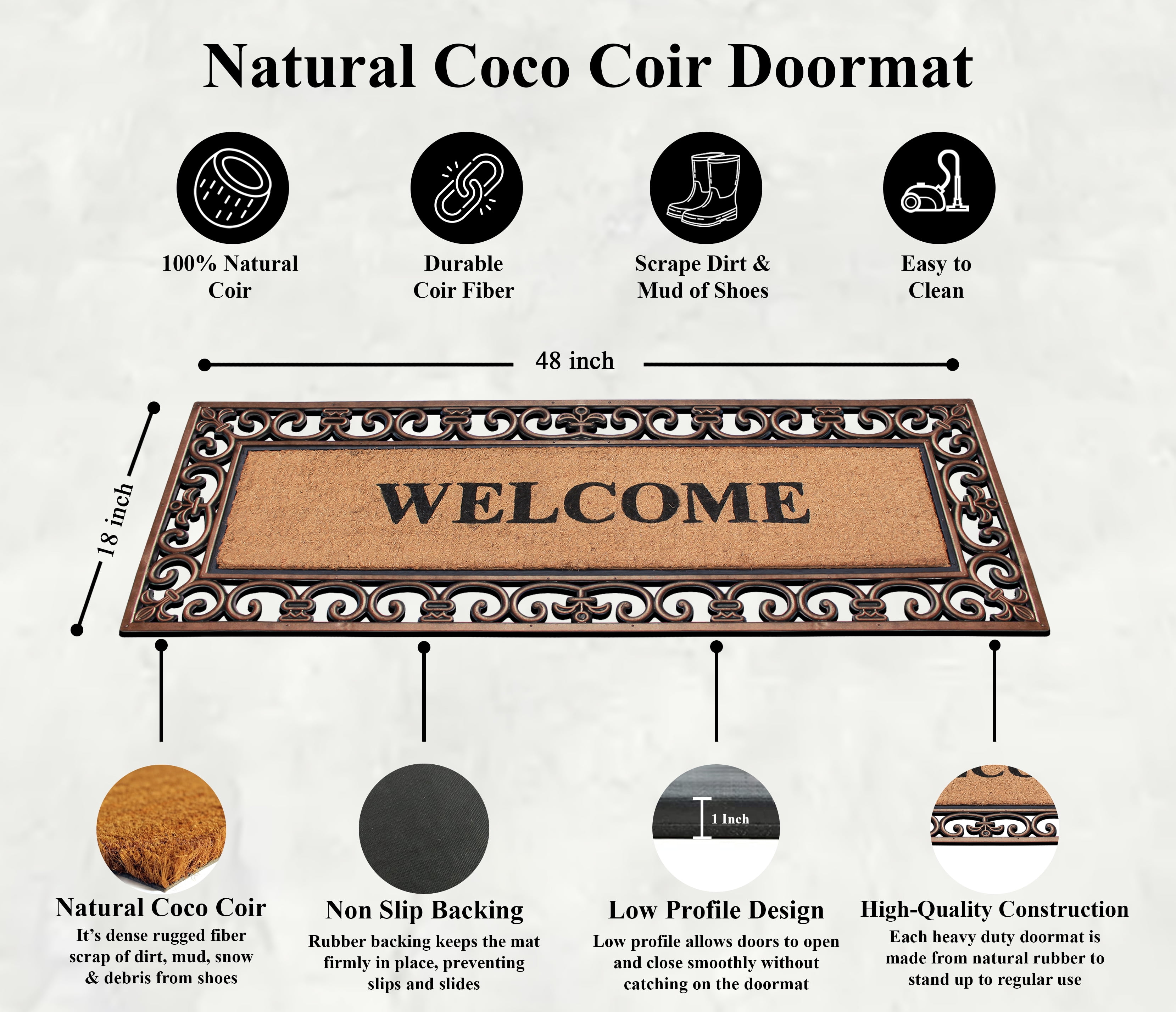 A1HC Natural Coir & Rubber 18"x48" Paisley Door Mat, Thick Durable, Heavy-Duty, Low-Profile, Long-Lasting Front Door Welcome Mat, Bronze