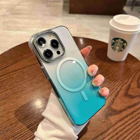 Cover for iPhone 14 Pro, Compatible with MagSafe Case,Slim Shockproof MagSafe Lightweight Gradient Transparent Metal Button Hard PC Back Cover,Support Wireless Charging, green