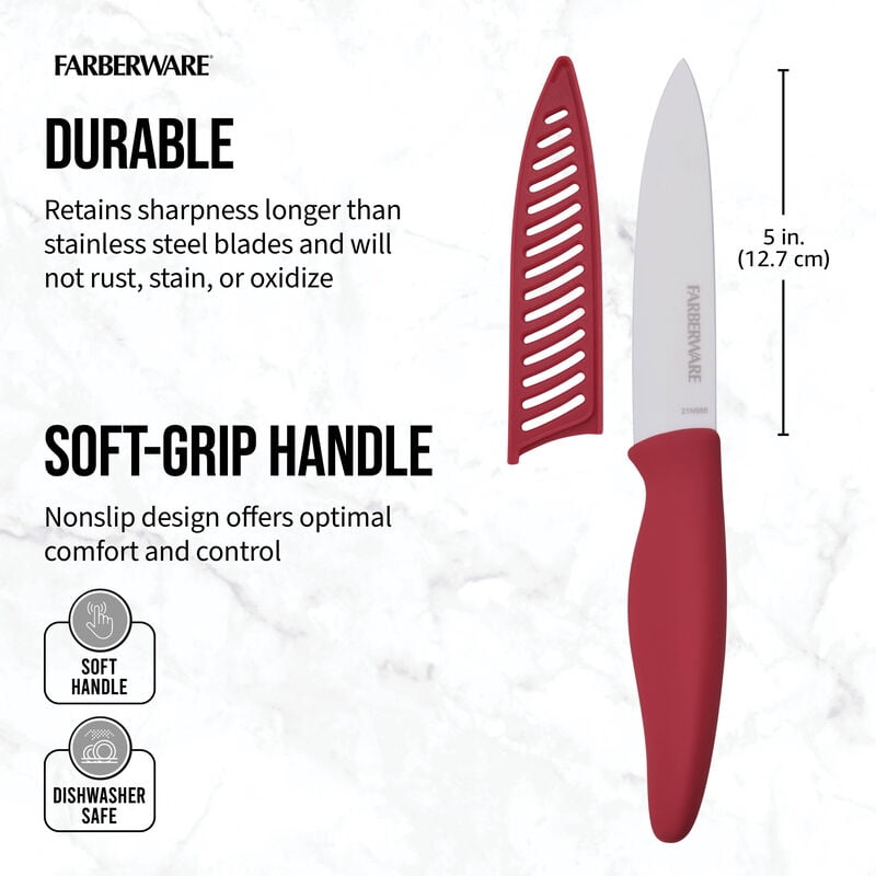 (3 pack) Farberware Professional 5-inch Ceramic Utility Knife with Red Blade Cover and Handle