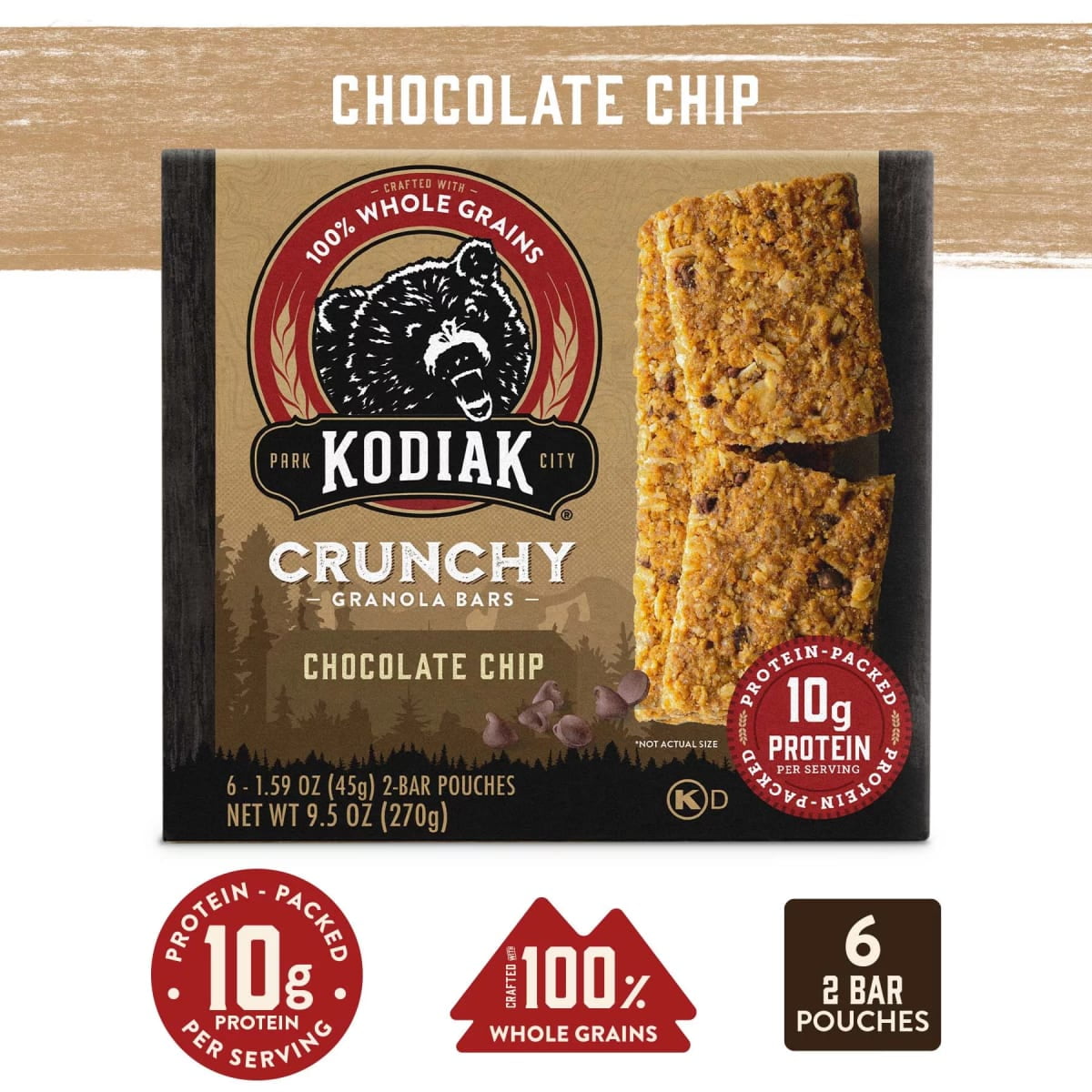 (3 pack) Kodiak Protein-Packed Chocolate Chip Crunchy Granola Bars, 1.59 oz, 6 Count