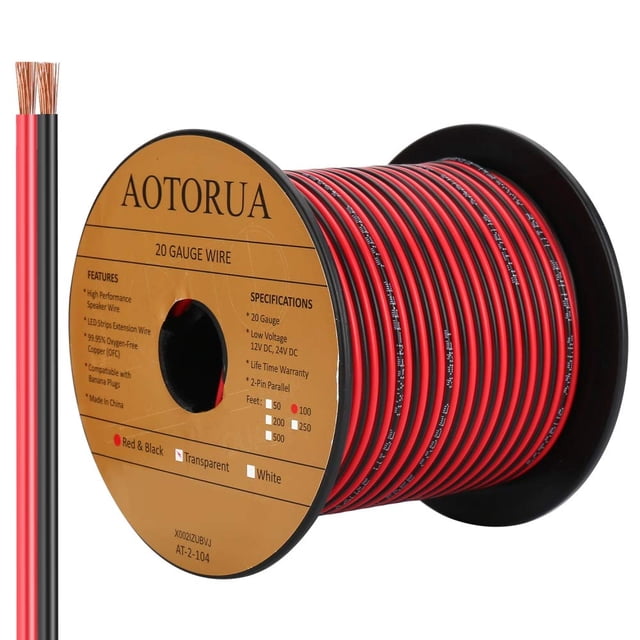 Cable eléctrico AOTORUA 20 AWG, 31 m, cobre libre de oxígeno (OFC), rojo y negro, cable dúplex