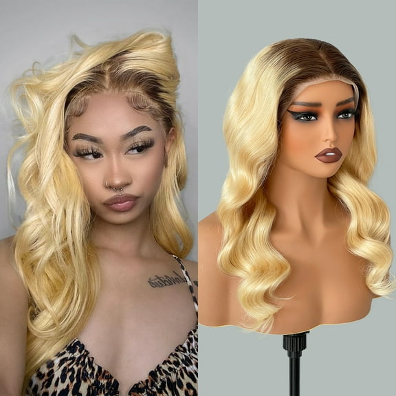 Blonde Wig Human Hair 4/613 Lace Front Human Hair Wigs For Women Ombre Brown Blonde Pre-plucked 180% Density Body Wave Human Hair Wig 13x4 HD Transparent Frontal Wig Virgin Hair 22 Inches