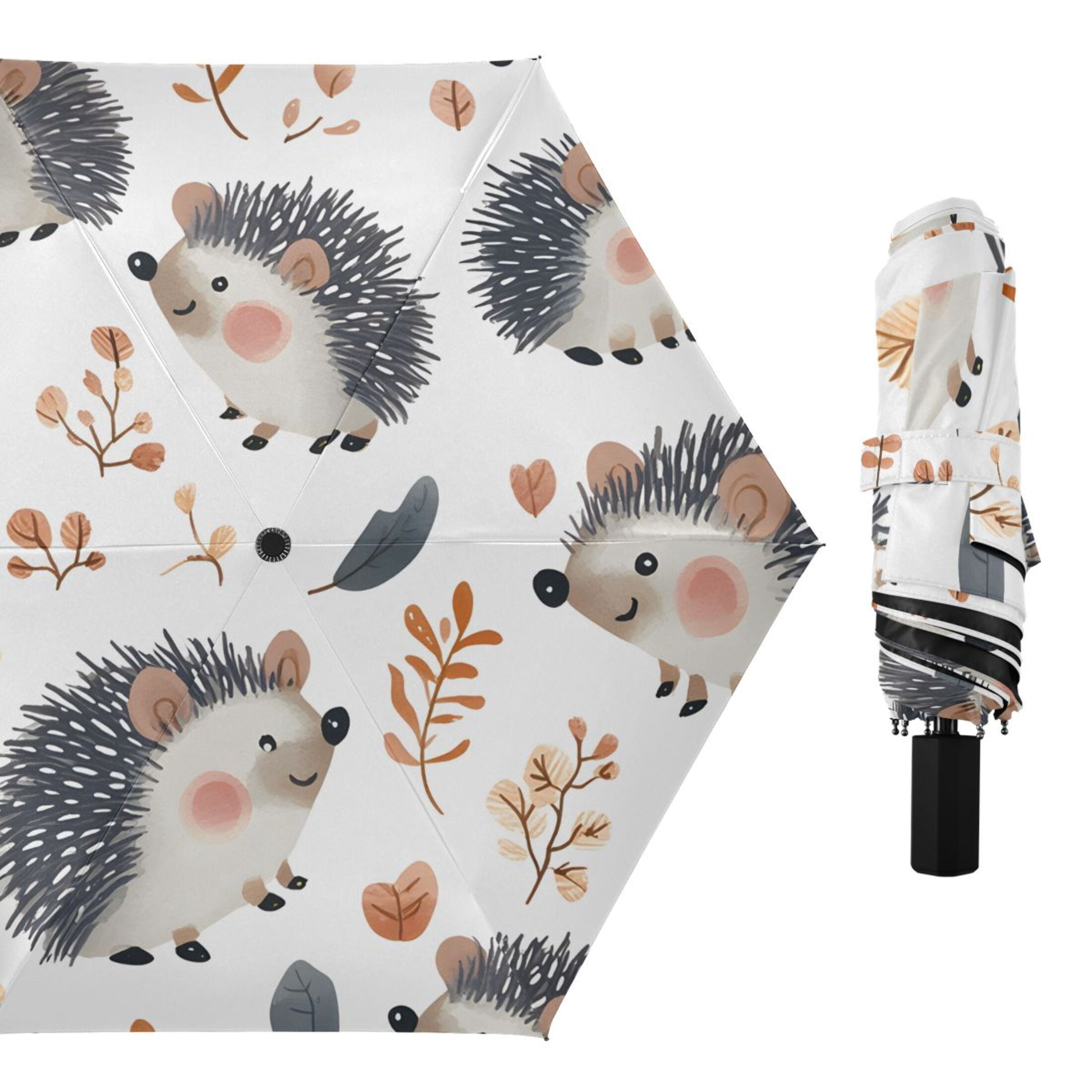 ALAZA Hedgehog Autumn Leave UPF 50+ Compact Folding Umbrella for Rain Travel Umbrella Packable