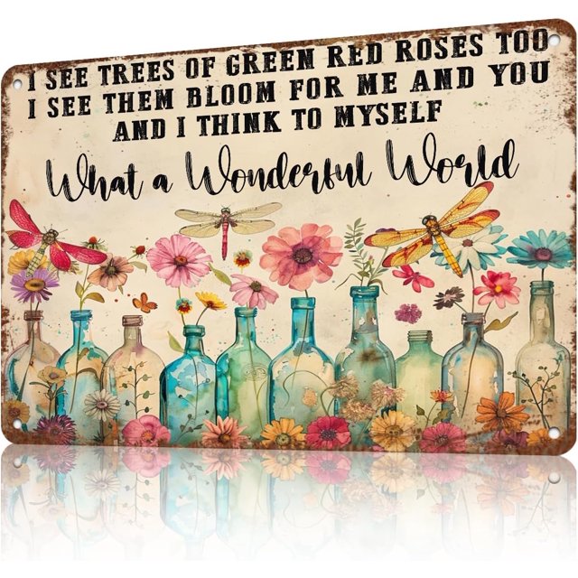 What a Wonderful World Dragonfly and Flowers Sign Funny Tin Sign Wall Decor for Garden Backyard Home Garage Kitchen 12×16 Inch