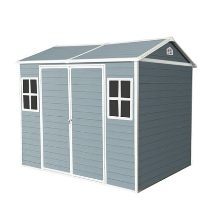 Durable 8x6 ft Resin Outdoor Storage Shed Featuring Lockable Door, Two Windows, Waterproof Design, and Built-In Floor for Backyard Use