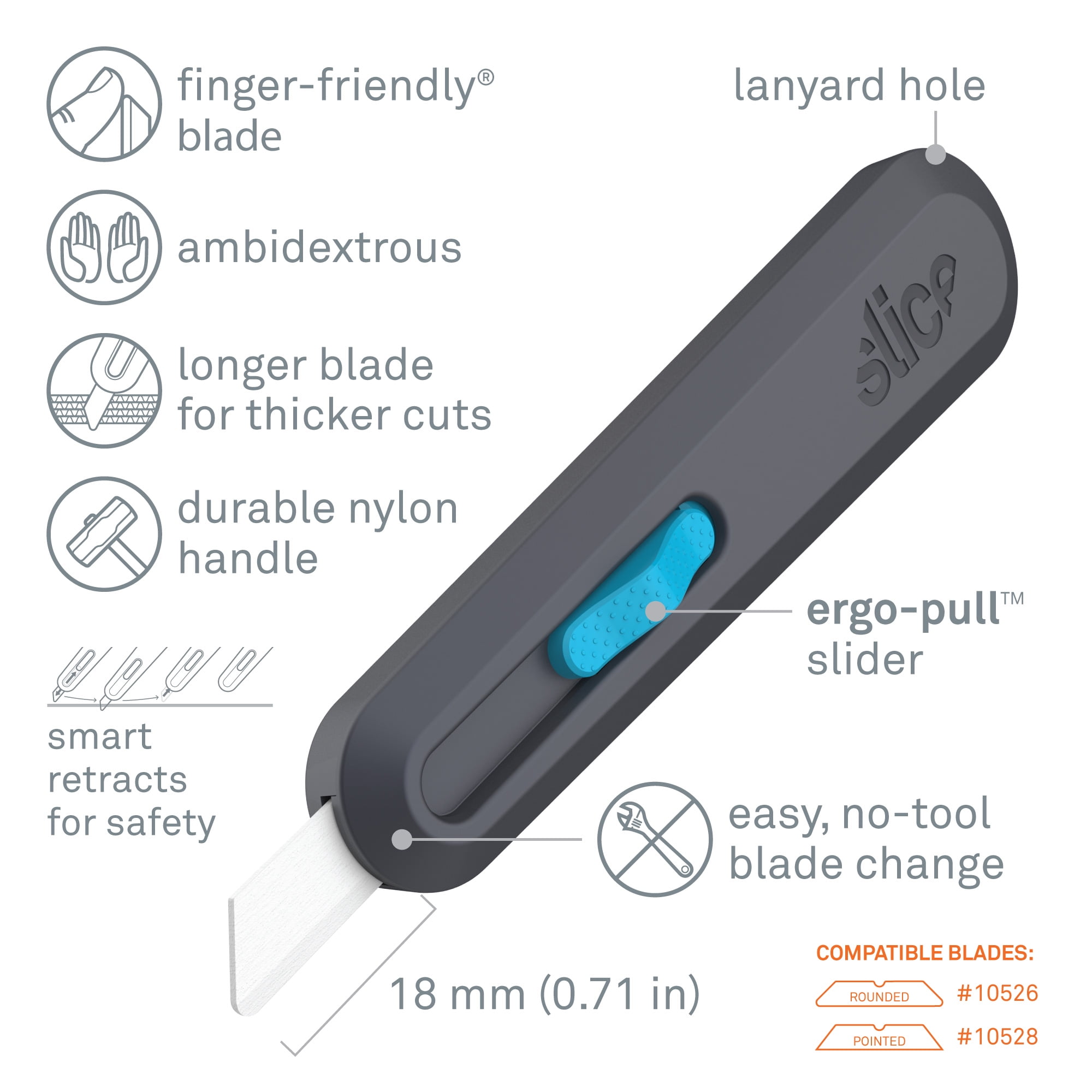 Slice 10558 Utility Knife: 6.06" Handle Length, Retractable Nylon Handle