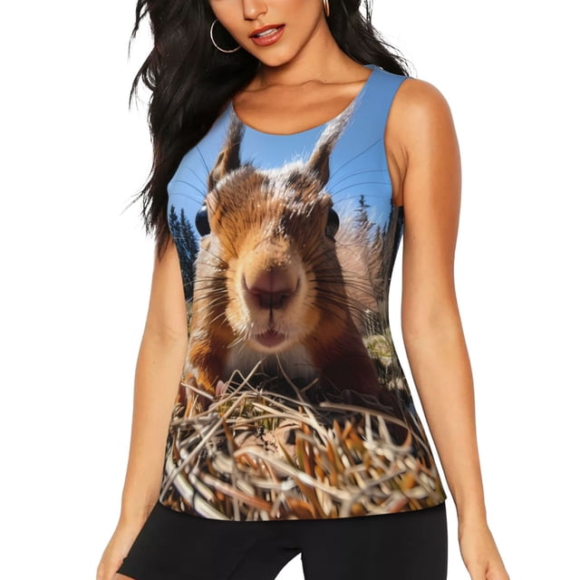 Balery Close-Up Curious Squirrel Camiseta sin mangas estampada ligera para mujer, tops de entrenamiento sin mangas, camisetas de yoga transpirables de secado rápido.-Large