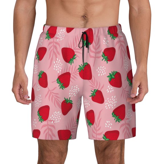 Kdxio Strawberry Print Men's Swim Trunks with Compression Liner 7 Inch Inseam Quick Dry Swim Shorts