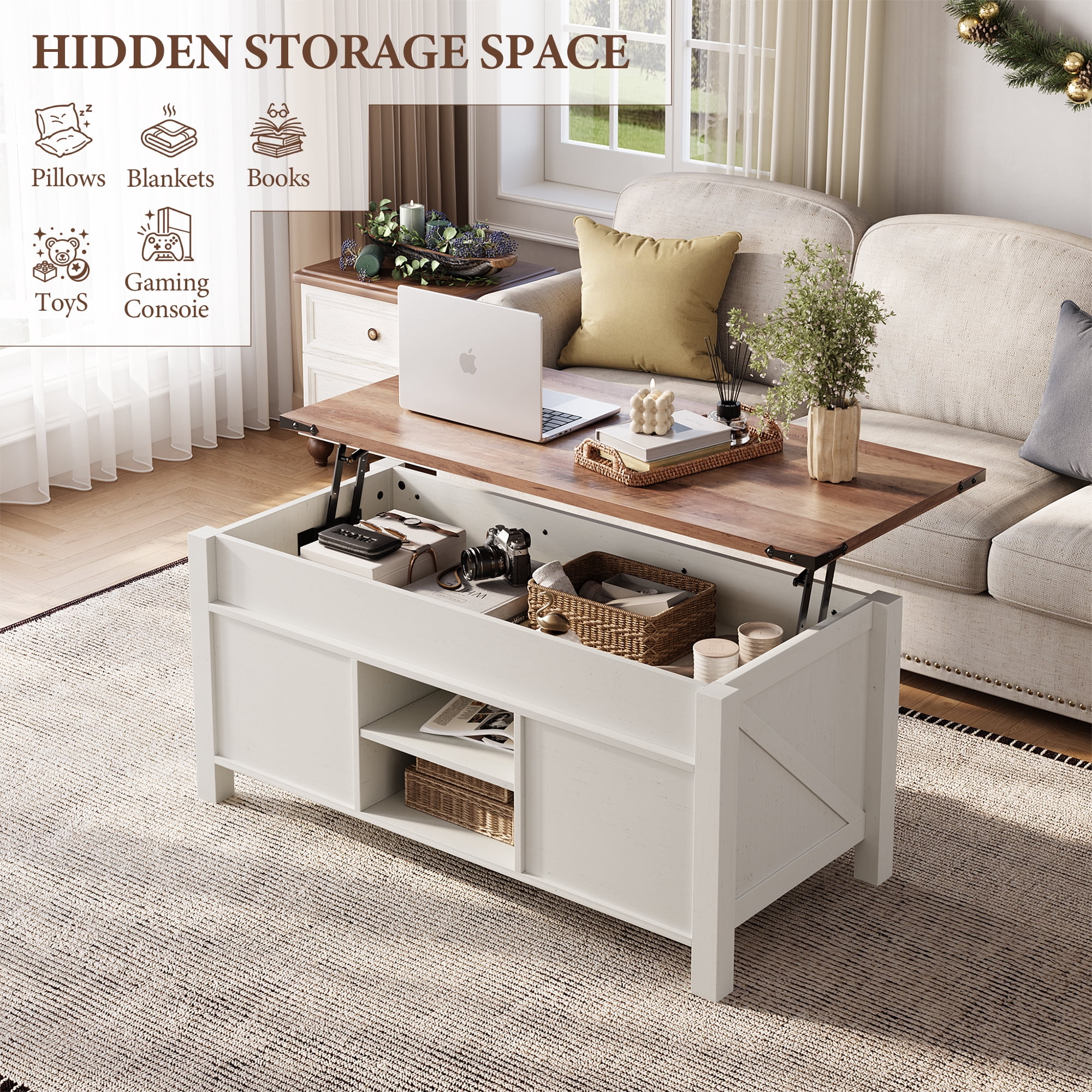 OKD 48" Farmhouse Lift Top Coffee Table with Sliding Barn Door, Rustic Center Table with Hidden Storage Compartment for Living Room, Office, Antique White