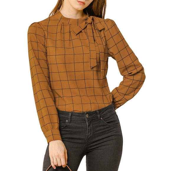 Unique Bargains Women's Checks Bow-Tie Neck Office Work Blouse Tops