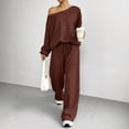 thumbnail image 2 of VV AVEORS Women 2 Piece Outfit Matching Sweat Sets Off The Shoulder Knit Set Lounge Top Wide Leg Sweatpants Tracksuit Brown M, 2 of 7