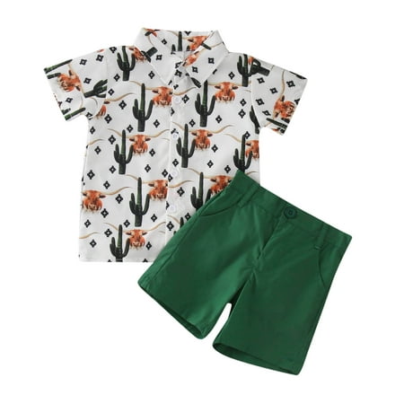 

B91xZ Baby Boy Outfits Toddler Boys Short Sleeve Cartoon Prints T Shirt Tops Shorts Child Kids Gentleman Outfits Green Size 6-12 Months