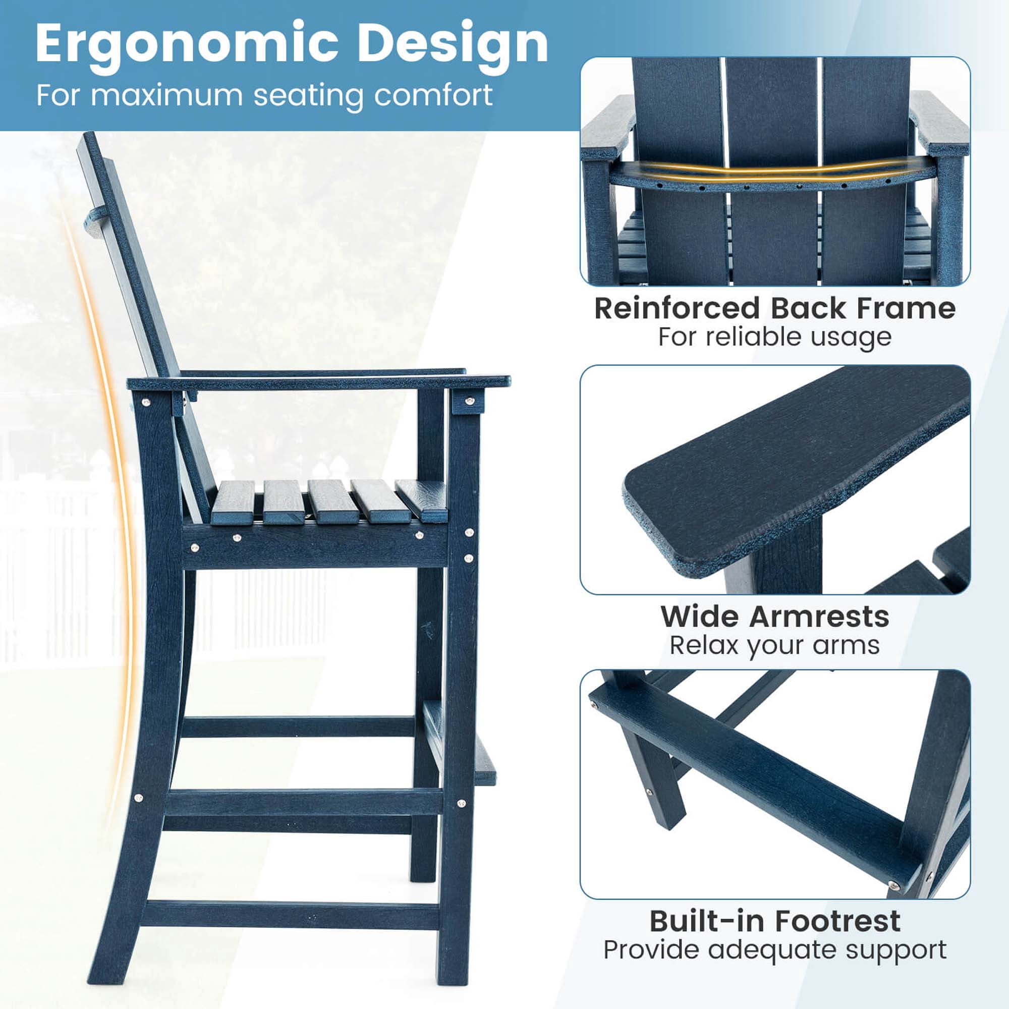 Costway Tall Adirondack Chair with Ergonomic Backrest Armrests & Footrest for Backyard Navy