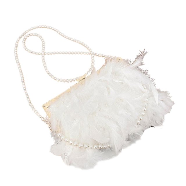 White Pearl chain Bolso de noche de plumas, bolso de mano con cadena de perlas, bolso de fiesta de boda, banquete de graduación