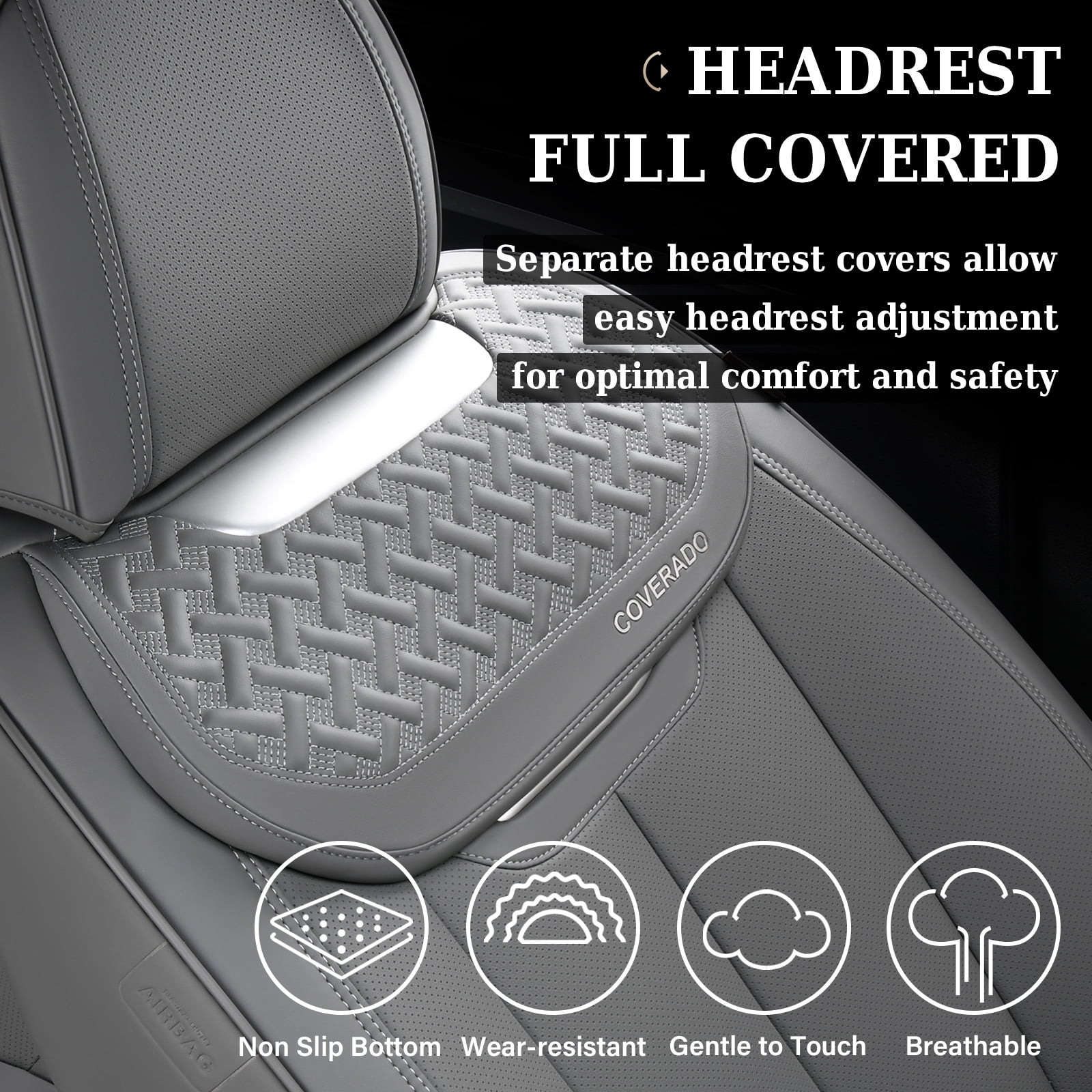 Coverado Front Car Seat Covers, Luxury Leather Car Seat Protectors, Automotive Interior Cushions Universal Fit Most Cars, Gray