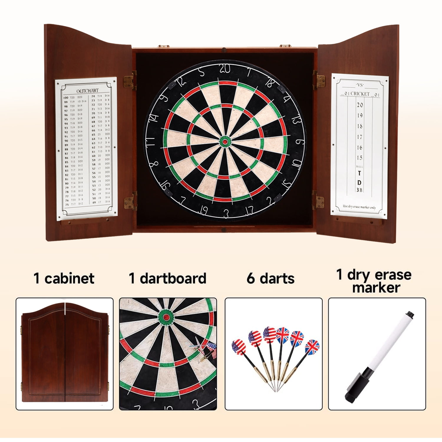 GSE Games & Sports Expert Deluxe Solid Wood Classic Dartboard Cabinet Set with Sisal Fiber Dartboard, Dart Scoreboard and 6 Steel Tip Darts for Target Game Indoor Game (Walnut)