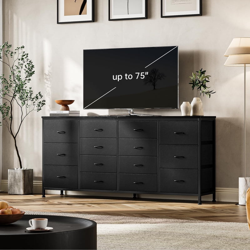 TROPOW 63" W Long Fabric Dresser TV Stand with 14 Drawers, Power Outlets, for 65 70 75 Inch TVs, Entertainment Center for Bedroom Living Room Storage